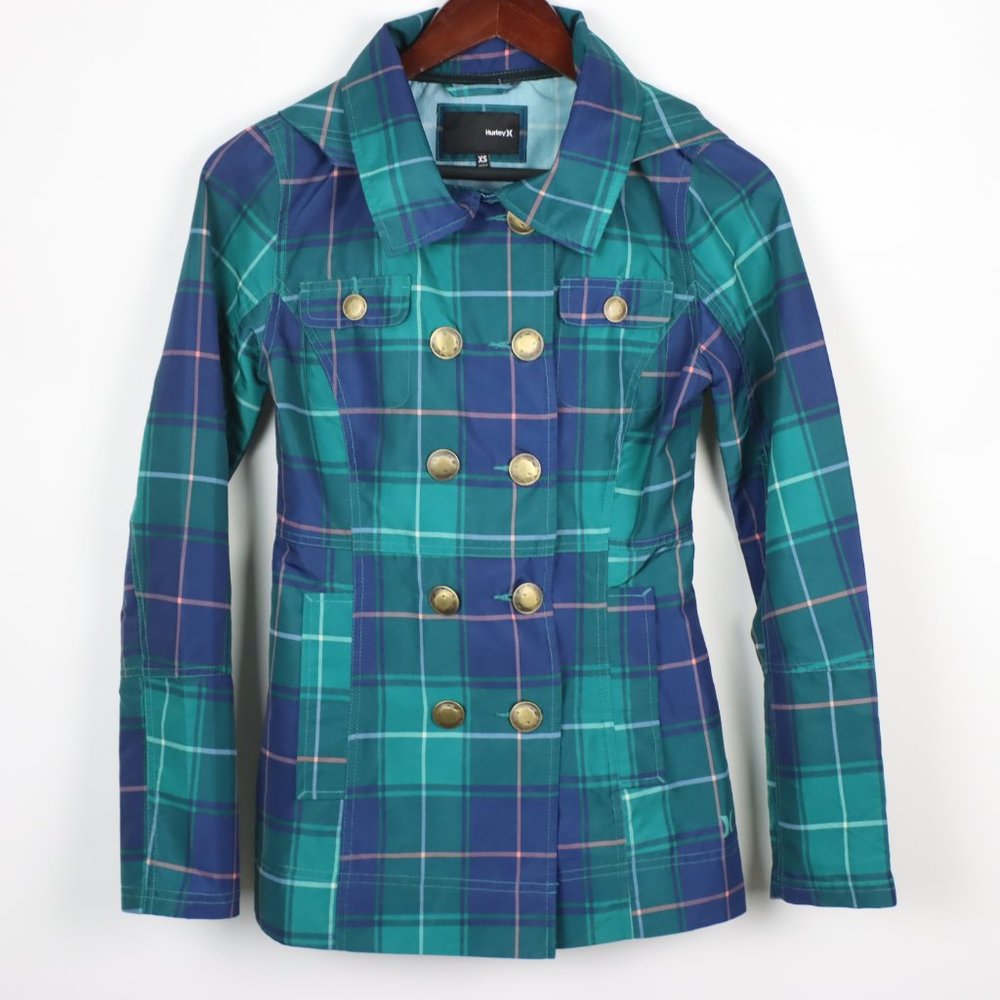Hurley Womens XS Plaid Winchester Slicker Double Breasted Hooded Rain Jacket